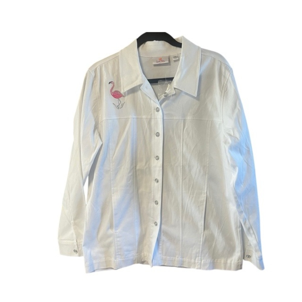 Quacker Factory Flamingo Embroidered White Denim‎ Jacket